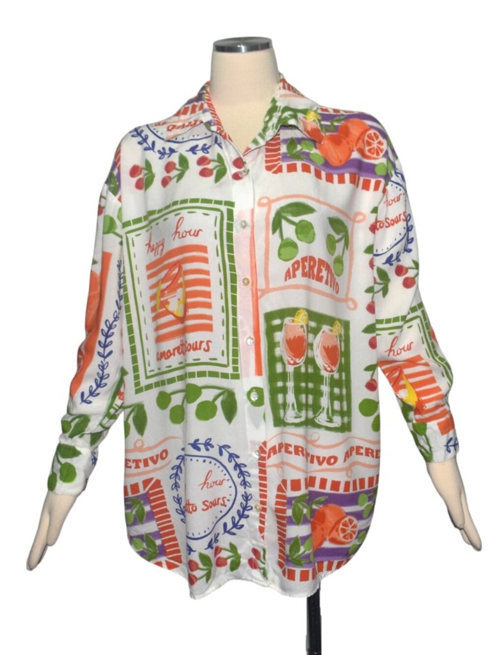 Club Z Rayon Happy Hour Cocktail Novelty Print Button Front Blouse Top Retro L